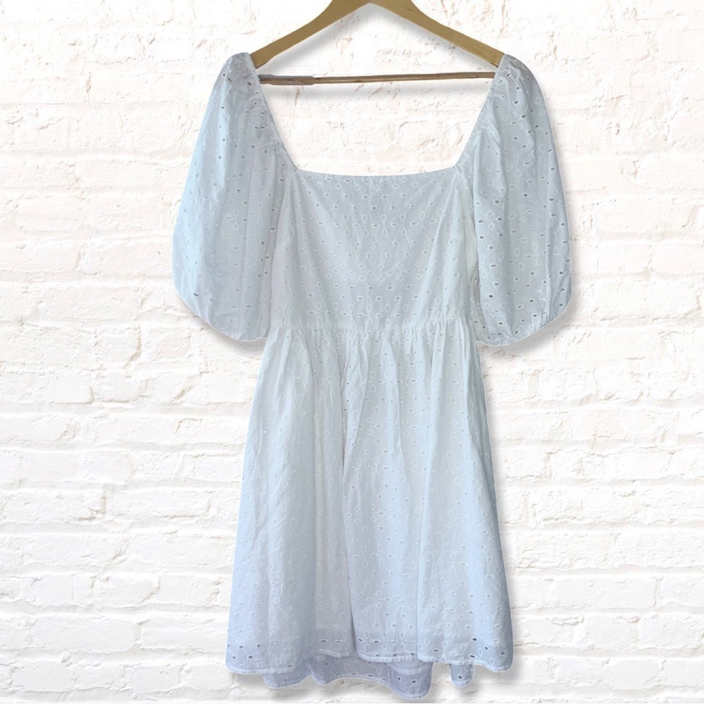 A New Day Eyelet Puff Sleeve Babydoll Mini Dress Size M White NWT - Picture 3 of 13